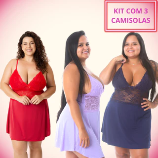 Kit com 3 camisolas plus size com renda em cores diferentes, variação para alternar estilos