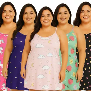 Conjunto de camisolas plus size coloridas com estampas, opções para dormir e usar em casa